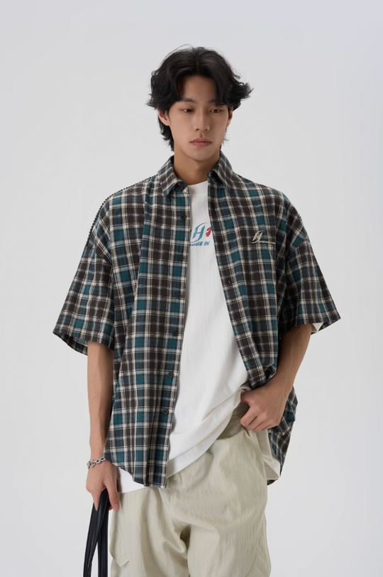 JHYQ Beaded Shoulder Plaid Short Sleeve Shirt