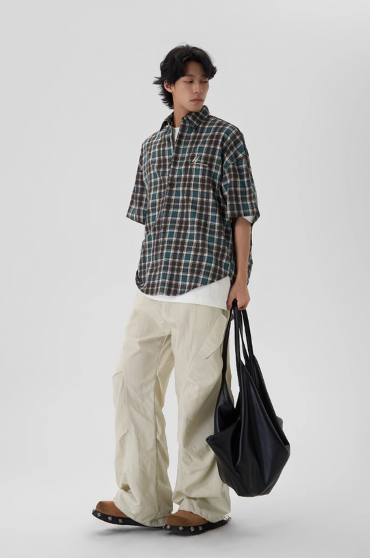 JHYQ Beaded Shoulder Plaid Short Sleeve Shirt