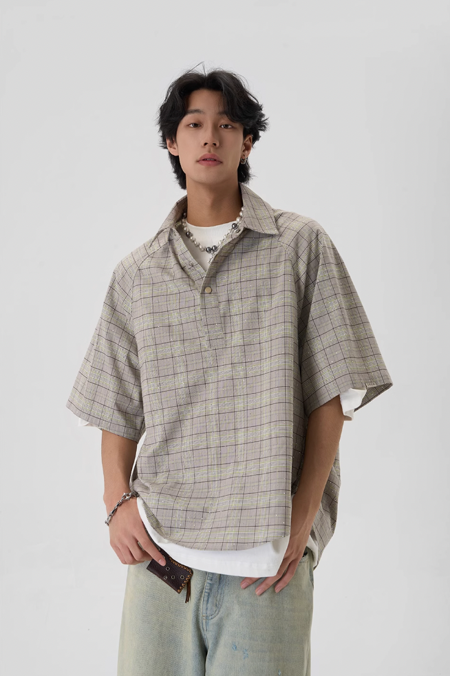 JHYQ Plaid Hot Diamond Pullover Short Sleeve Shirt