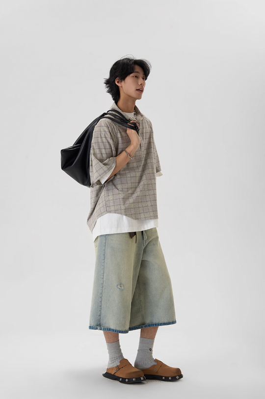 JHYQ Plaid Hot Diamond Pullover Short Sleeve Shirt