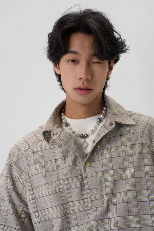 JHYQ Plaid Hot Diamond Pullover Short Sleeve Shirt