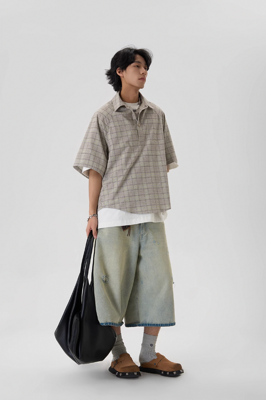 JHYQ Plaid Hot Diamond Pullover Short Sleeve Shirt