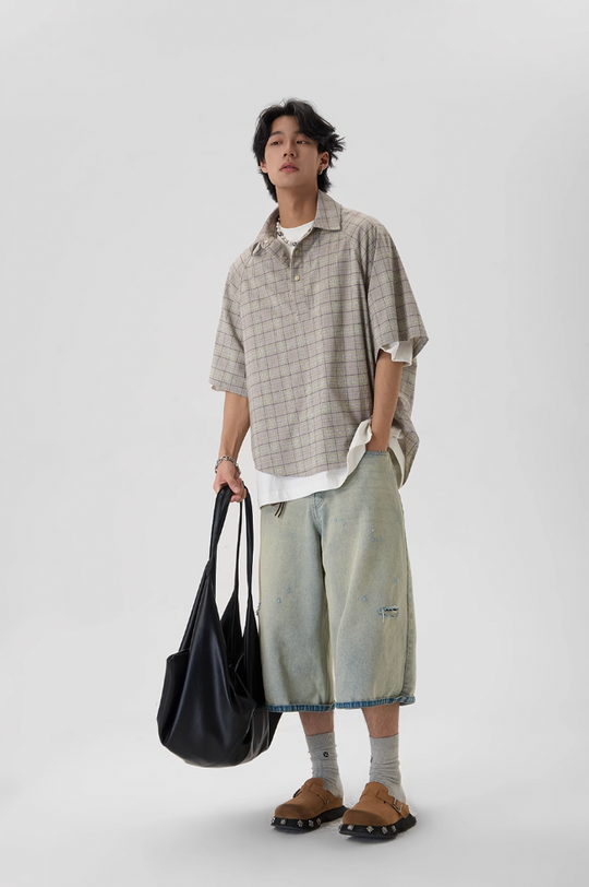 JHYQ Plaid Hot Diamond Pullover Short Sleeve Shirt