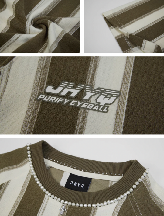 JHYQ Contrast Striped Neck Beaded Tee