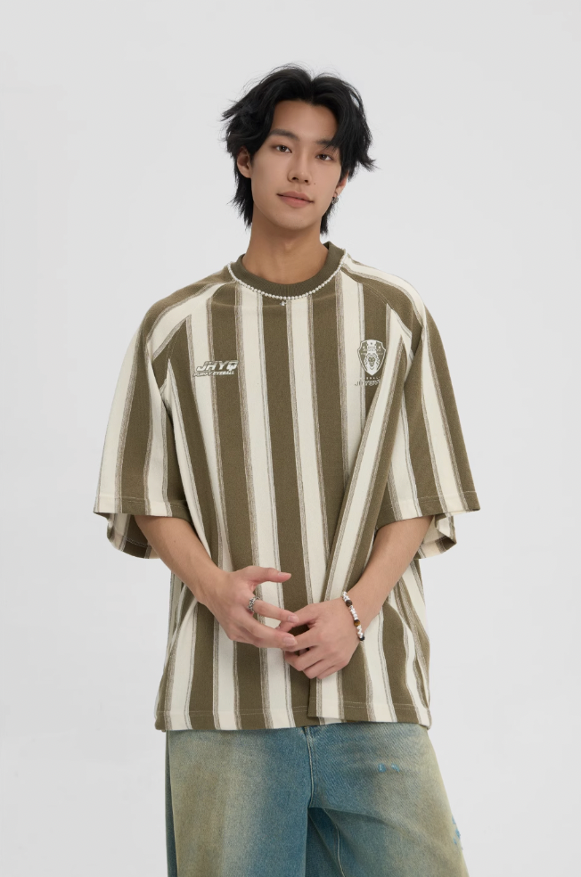JHYQ Contrast Striped Neck Beaded Tee