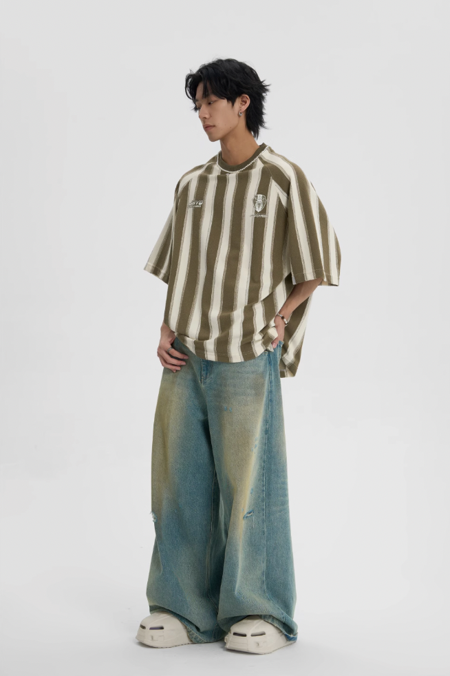 JHYQ Contrast Striped Neck Beaded Tee