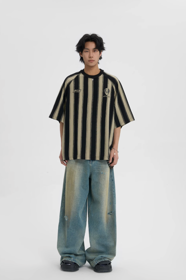 JHYQ Contrast Striped Neck Beaded Tee