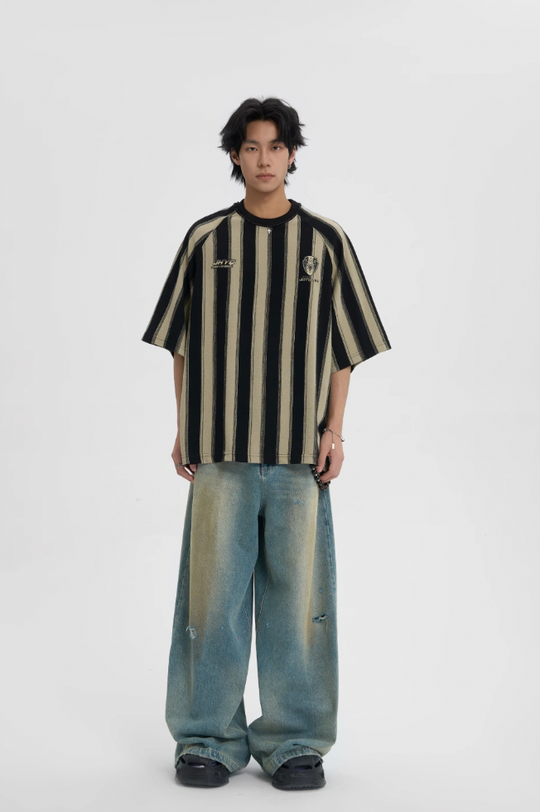 JHYQ Contrast Striped Neck Beaded Tee