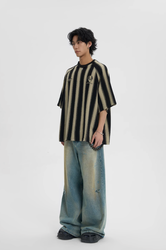 JHYQ Contrast Striped Neck Beaded Tee