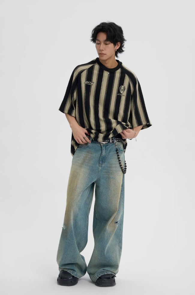 JHYQ Contrast Striped Neck Beaded Tee
