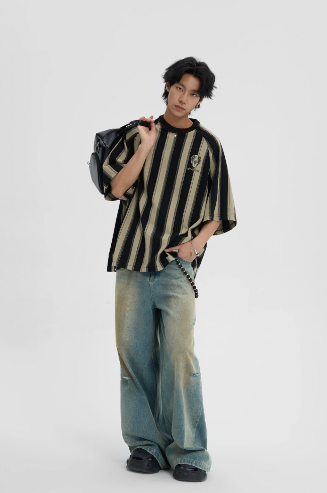 JHYQ Contrast Striped Neck Beaded Tee