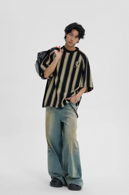 JHYQ Contrast Striped Neck Beaded Tee