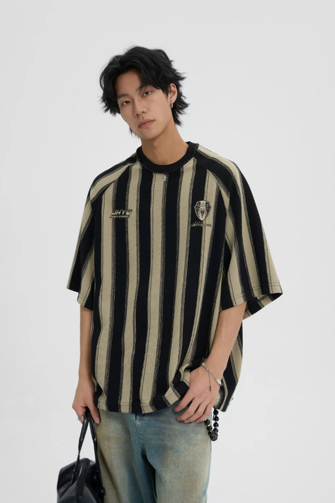 JHYQ Contrast Striped Neck Beaded Tee