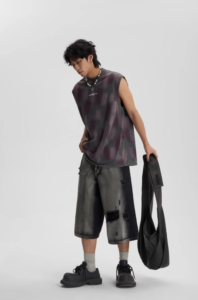 JHYQ Washed Old Worn Spots Dye Sleeveless Tee