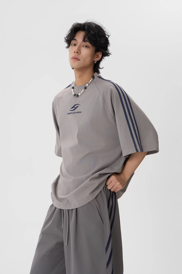 JHYQ Striped Shoulder Logo Printing Tee