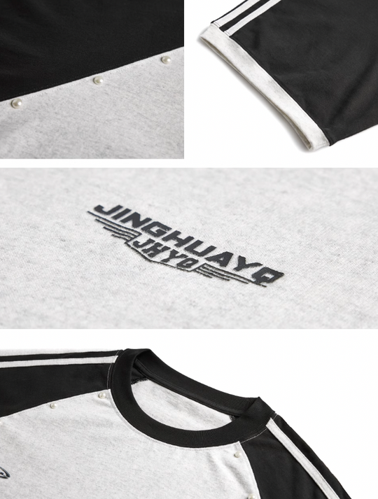 JHYQ Striped Shoulder Color Blocking Beaded Tee