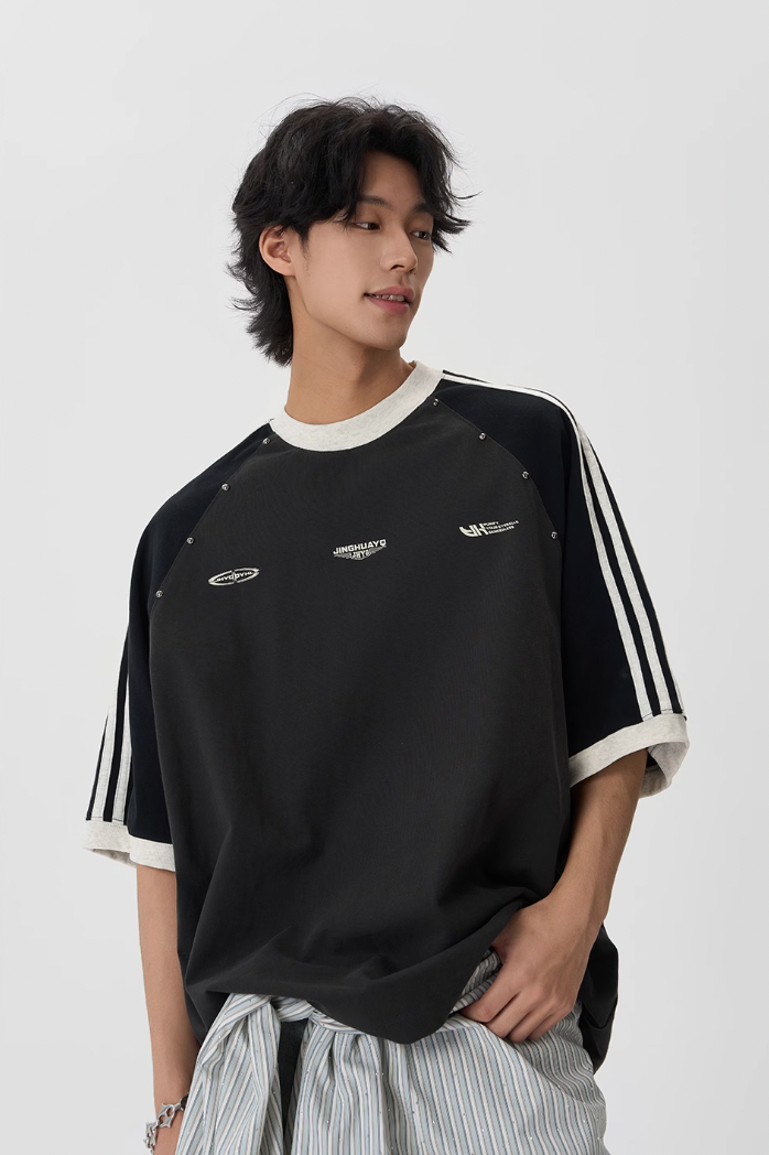 JHYQ Striped Shoulder Color Blocking Beaded Tee