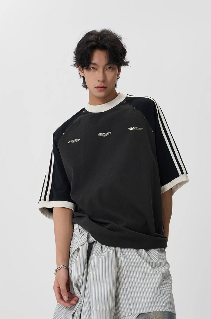 JHYQ Striped Shoulder Color Blocking Beaded Tee