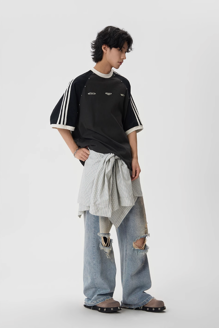 JHYQ Striped Shoulder Color Blocking Beaded Tee