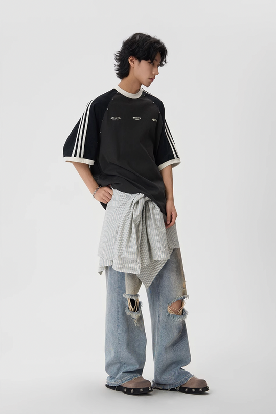 JHYQ Striped Shoulder Color Blocking Beaded Tee