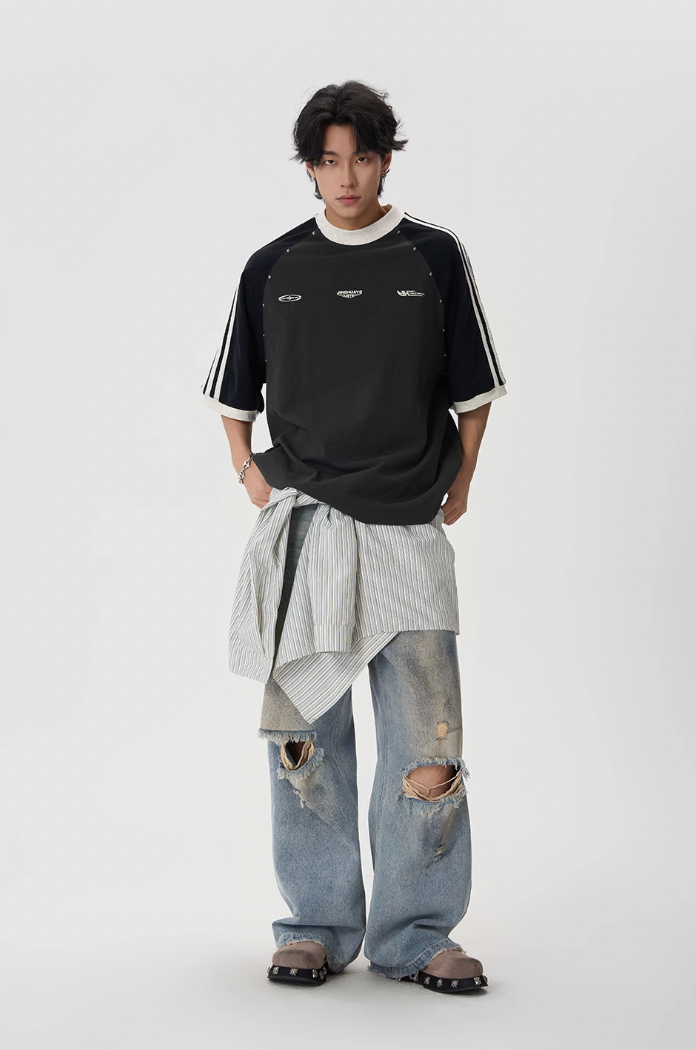 JHYQ Striped Shoulder Color Blocking Beaded Tee