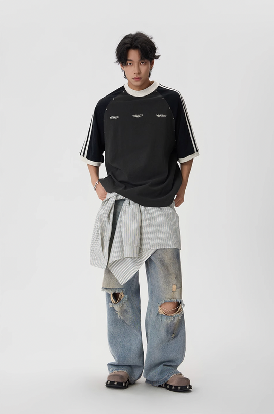 JHYQ Striped Shoulder Color Blocking Beaded Tee