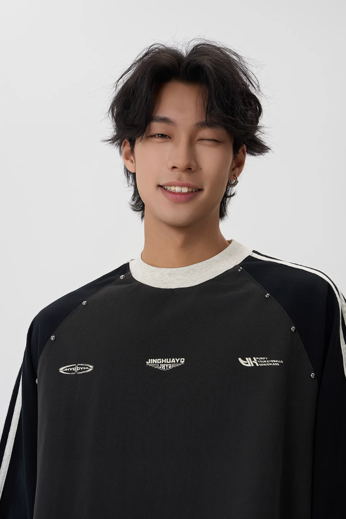 JHYQ Striped Shoulder Color Blocking Beaded Tee