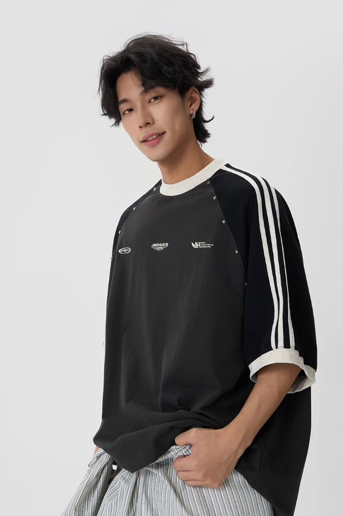 JHYQ Striped Shoulder Color Blocking Beaded Tee