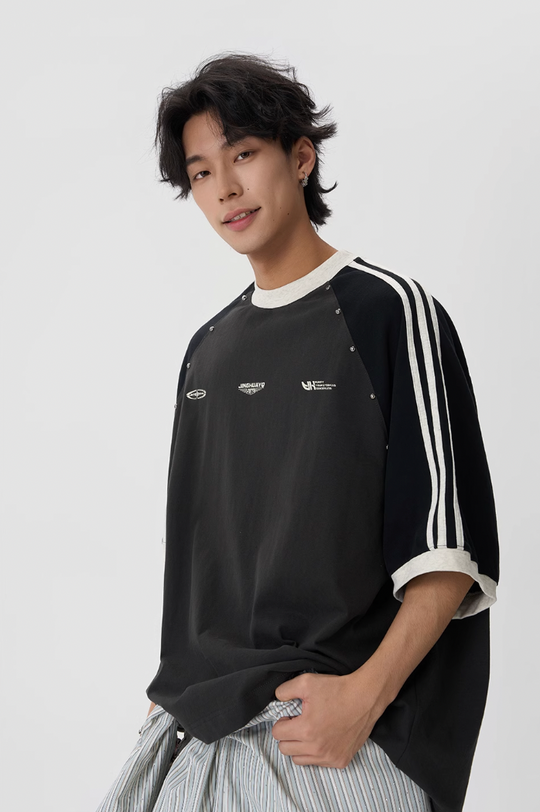 JHYQ Striped Shoulder Color Blocking Beaded Tee