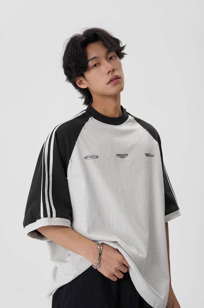 JHYQ Striped Shoulder Color Blocking Beaded Tee