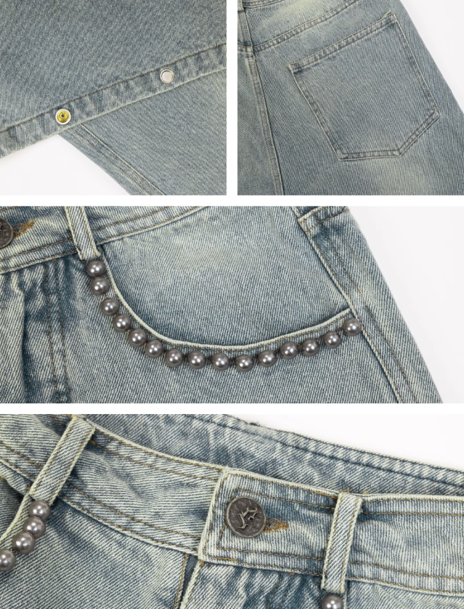 JHYQ Beaded Pockets Washed Old Light Colored Baggy Jeans