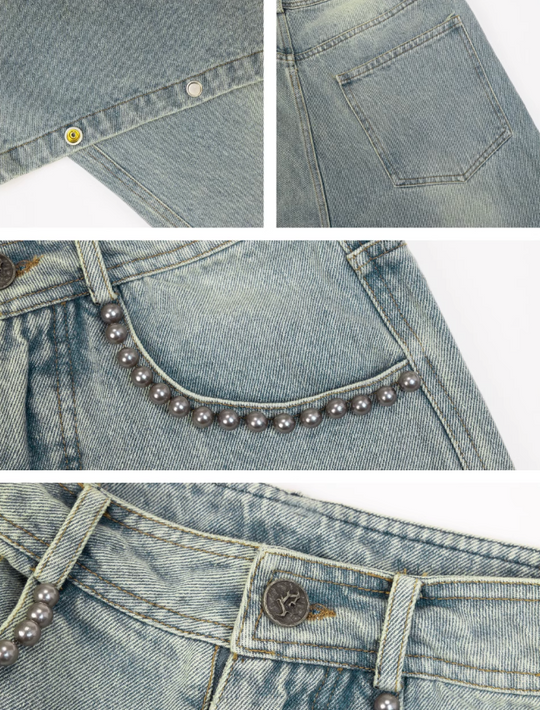 JHYQ Beaded Pockets Washed Old Light Colored Baggy Jeans
