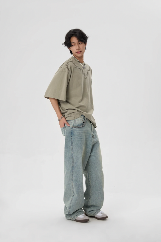JHYQ Beaded Pockets Washed Old Light Colored Baggy Jeans