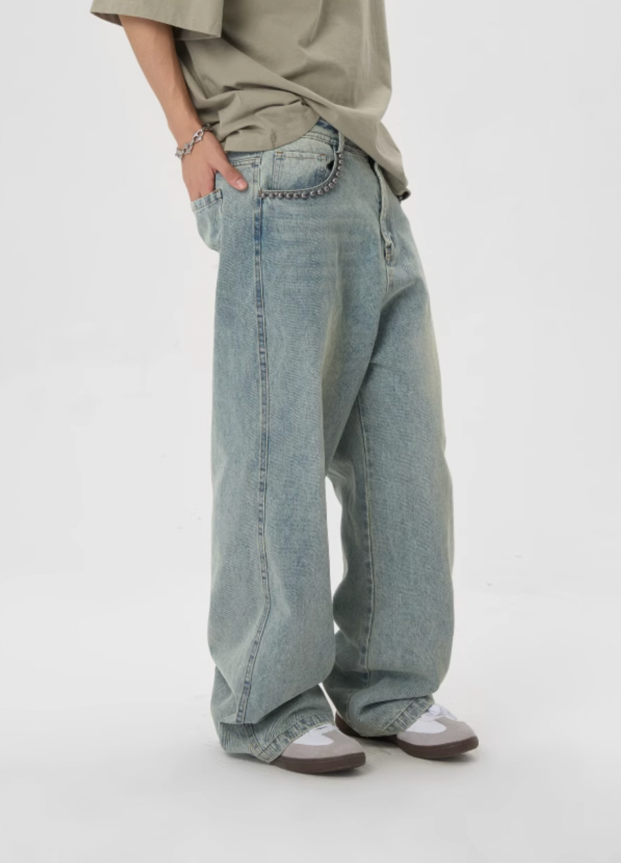 JHYQ Beaded Pockets Washed Old Light Colored Baggy Jeans