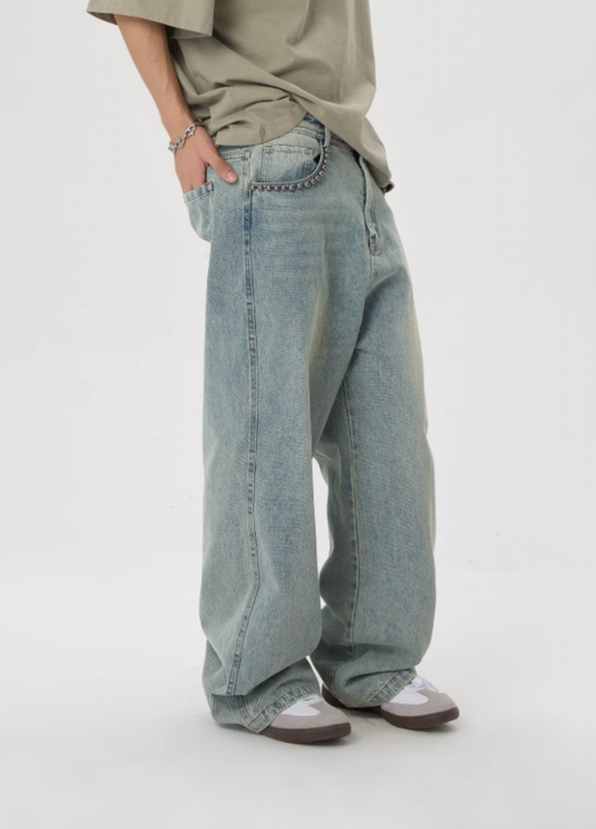 JHYQ Beaded Pockets Washed Old Light Colored Baggy Jeans