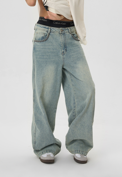 JHYQ Beaded Pockets Washed Old Light Colored Baggy Jeans