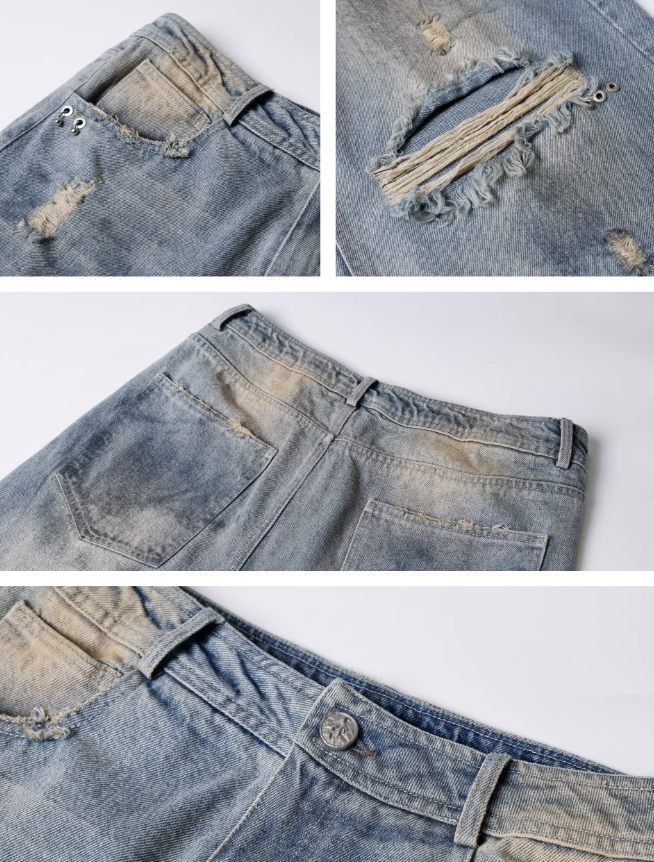 JHYQ Washed Holes Old Dirty Dyed Baggy Jeans