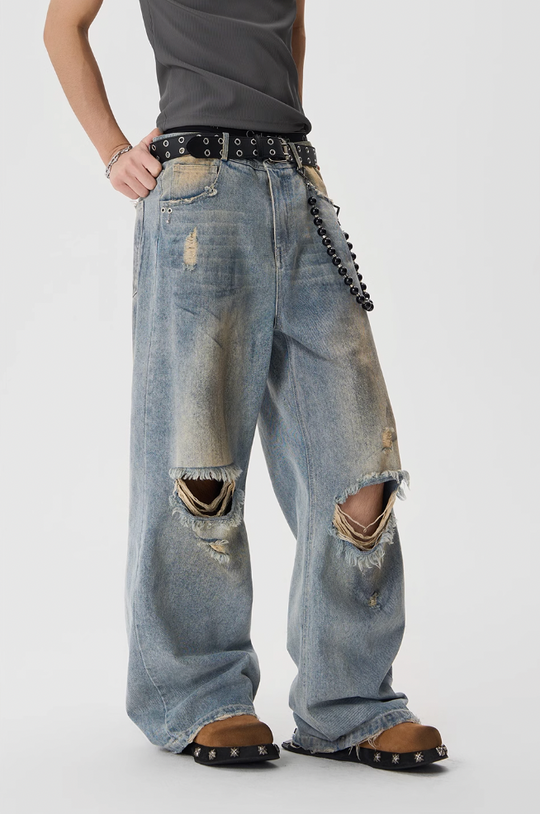 JHYQ Washed Holes Old Dirty Dyed Baggy Jeans