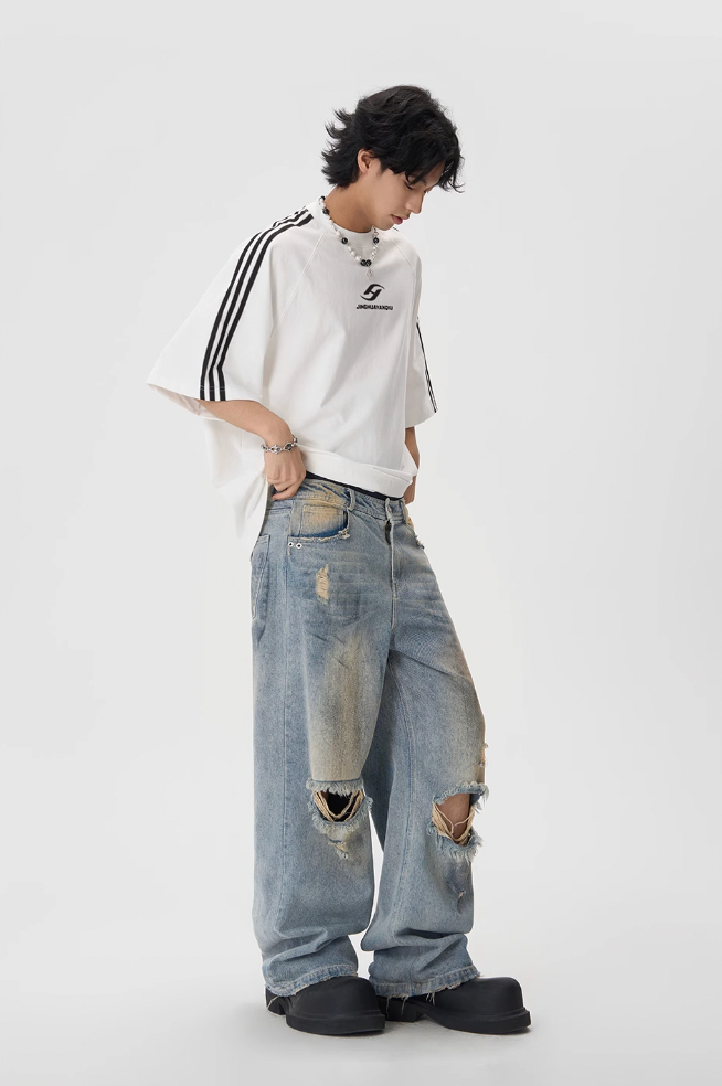 JHYQ Washed Holes Old Dirty Dyed Baggy Jeans