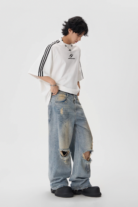 JHYQ Washed Holes Old Dirty Dyed Baggy Jeans