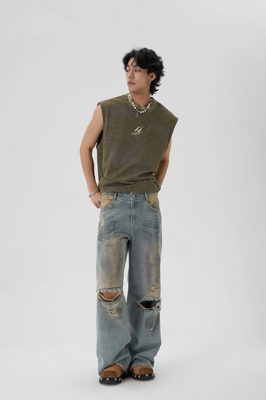 JHYQ Washed Holes Old Dirty Dyed Baggy Jeans