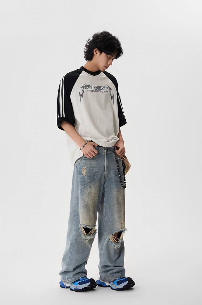 JHYQ Washed Holes Old Dirty Dyed Baggy Jeans