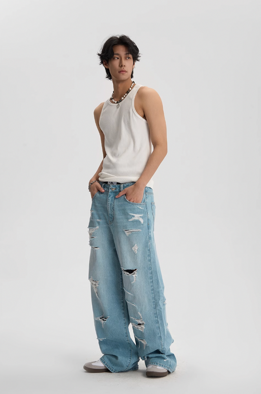 JHYQ Washed Holes Light Colored Baggy Jeans