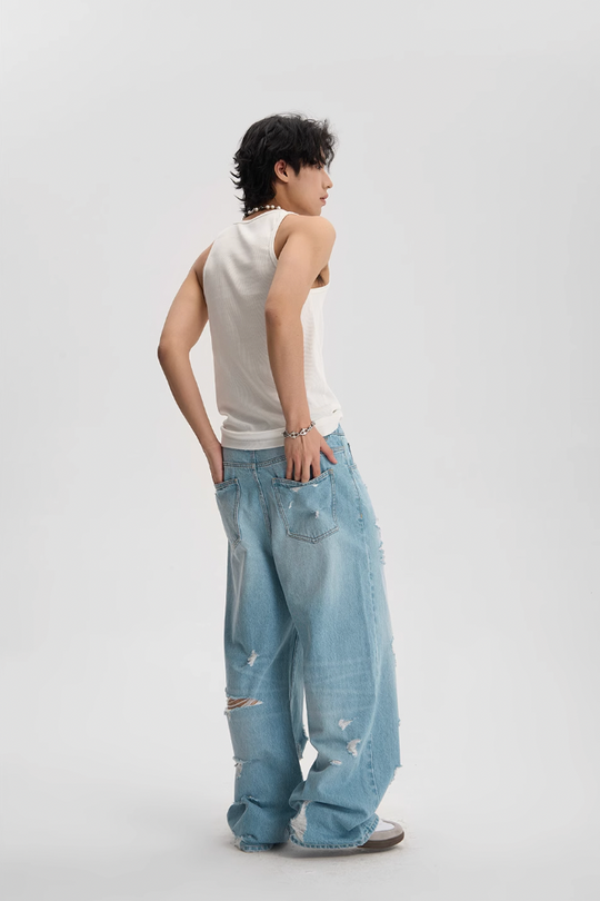 JHYQ Washed Holes Light Colored Baggy Jeans