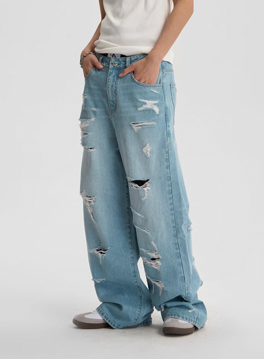 JHYQ Washed Holes Light Colored Baggy Jeans