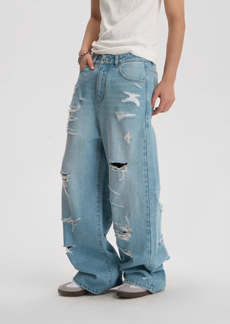 JHYQ Washed Holes Light Colored Baggy Jeans