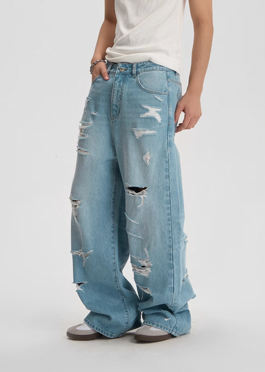 JHYQ Washed Holes Light Colored Baggy Jeans