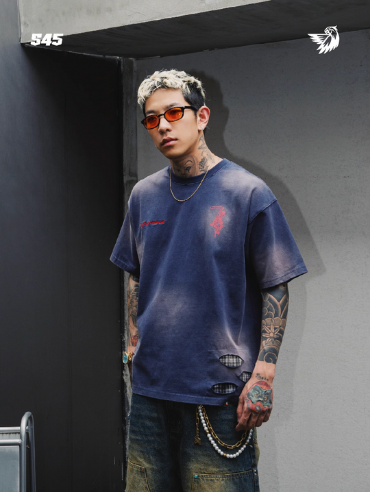 S45 Plaid Patchwork Washed Embroidered Logo Tee | Face 3 Face