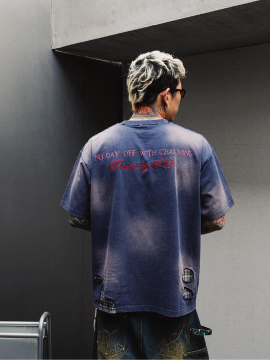 S45 Plaid Patchwork Washed Embroidered Logo Tee | Face 3 Face