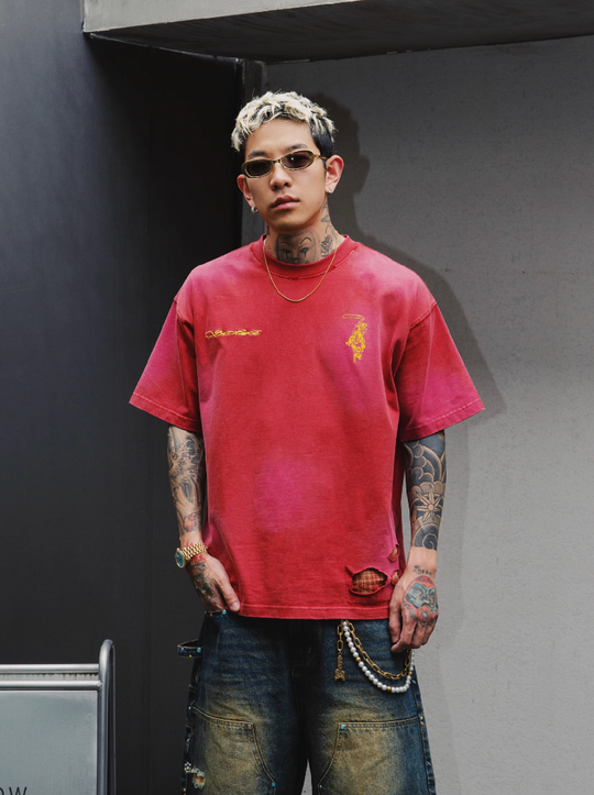 S45 Plaid Patchwork Washed Embroidered Logo Tee | Face 3 Face